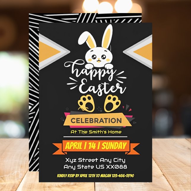Cute Happy Easter Bunny with Yellow Paw Prints  Invitation (Creator Uploaded)