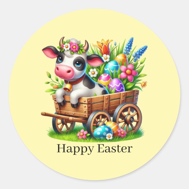 Cute Happy Easter cow  Classic Round Sticker (Front)