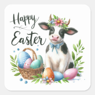 Cute Happy Easter cow watercolor  Square Sticker