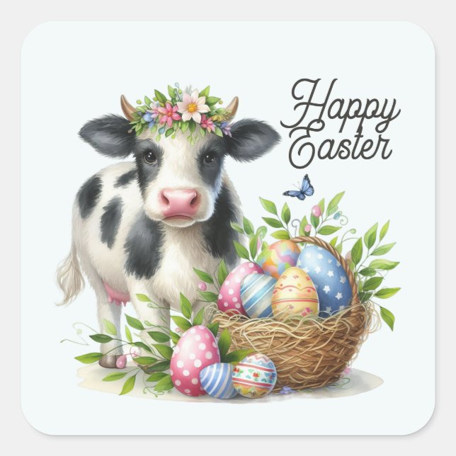 Cute Happy Easter cow watercolor Square Sticker (Front)