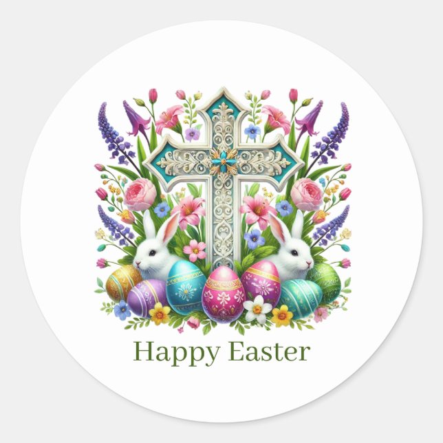 Cute Happy Easter Cross Classic Round Sticker (Front)