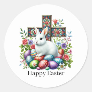 Cute Happy Easter Cross  Classic Round Sticker