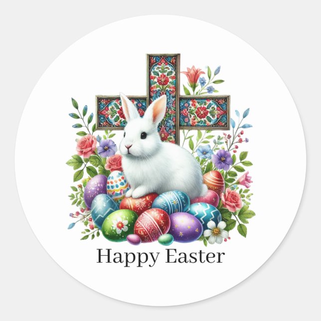 Cute Happy Easter Cross  Classic Round Sticker (Front)