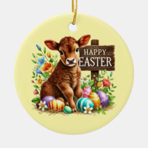 Cute Happy Easter customisable cow Ceramic Ornament