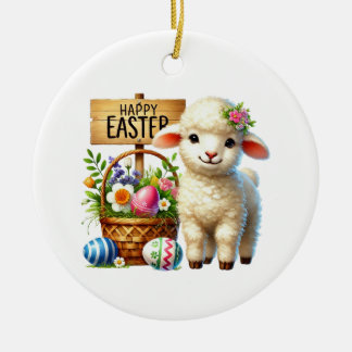 Cute Happy Easter customizable lamb Ceramic Ornament