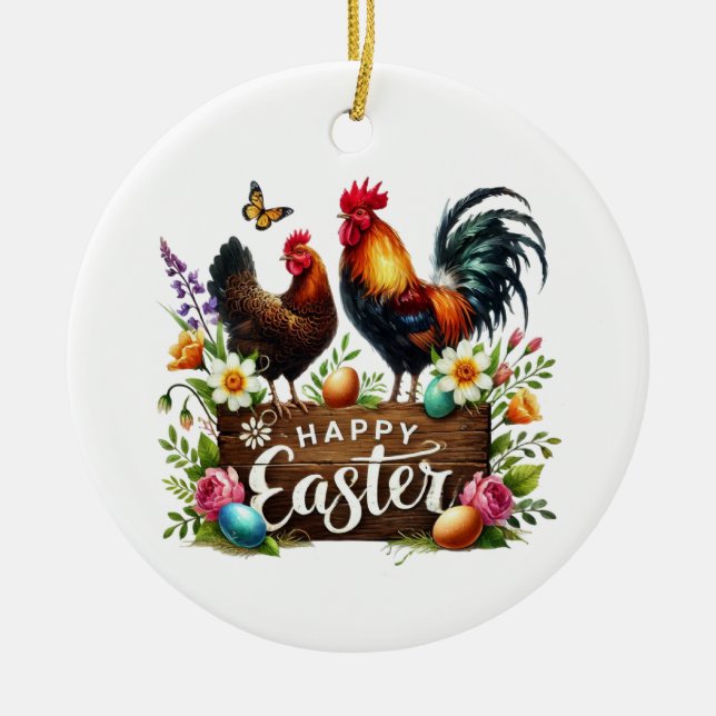 Cute Happy Easter customizable Rooster Ceramic Ornament (Front)