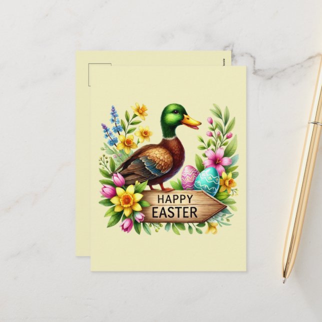 Cute Happy Easter duck add message Holiday Postcard (Front/Back In Situ)