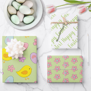 Cute Happy Easter Eggs Chicks Flowers Spring green Wrapping Paper Sheet