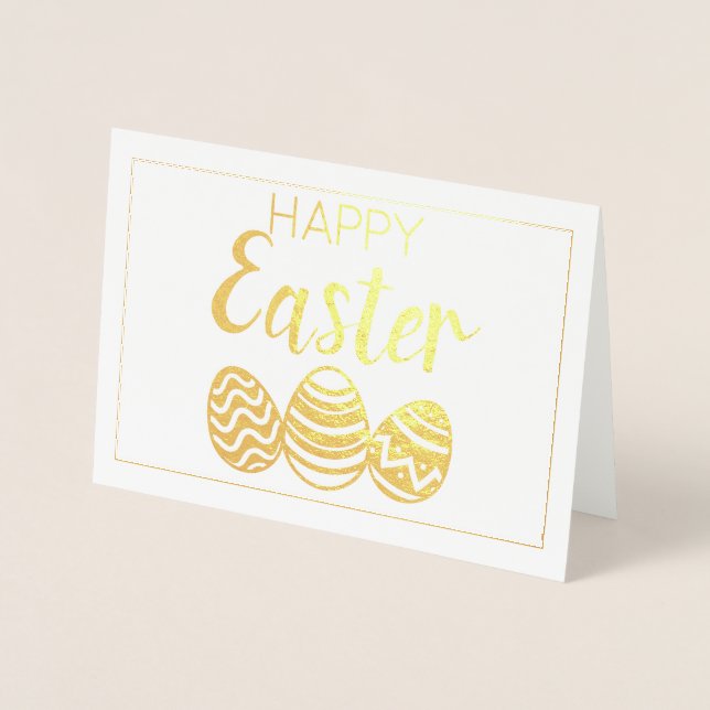 Cute Happy Easter Eggs Simple White Gold Foil Card (Front)