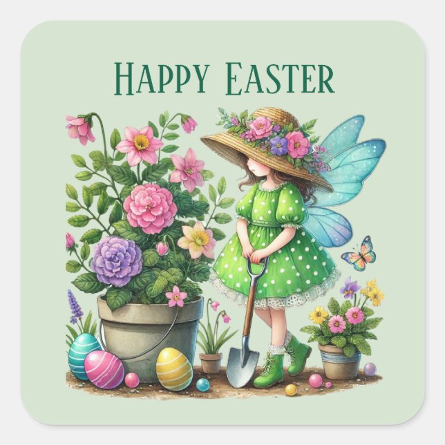Cute Happy Easter fairy add message  Square Sticker (Front)