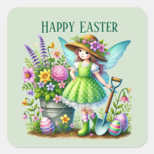 Cute Happy Easter fairy add message Square Sticker