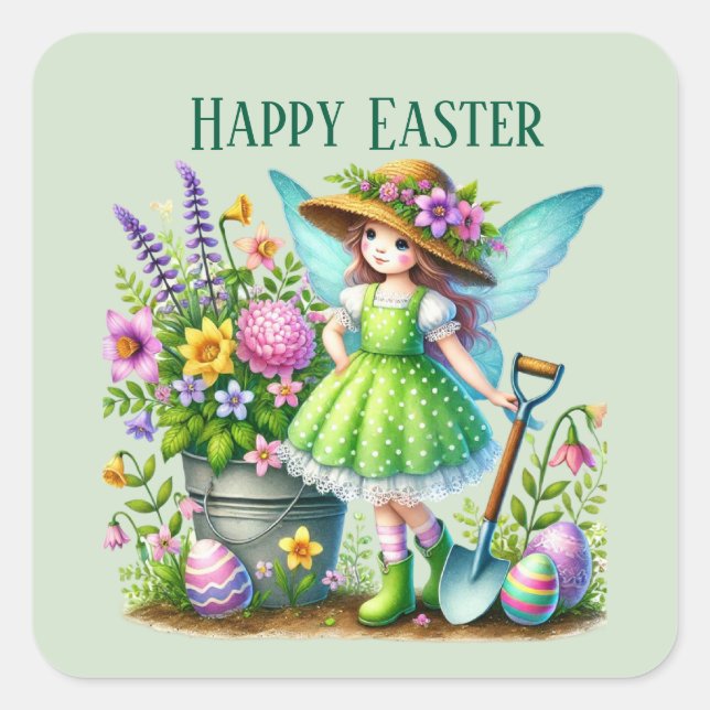 Cute Happy Easter fairy add message  Square Sticker (Front)