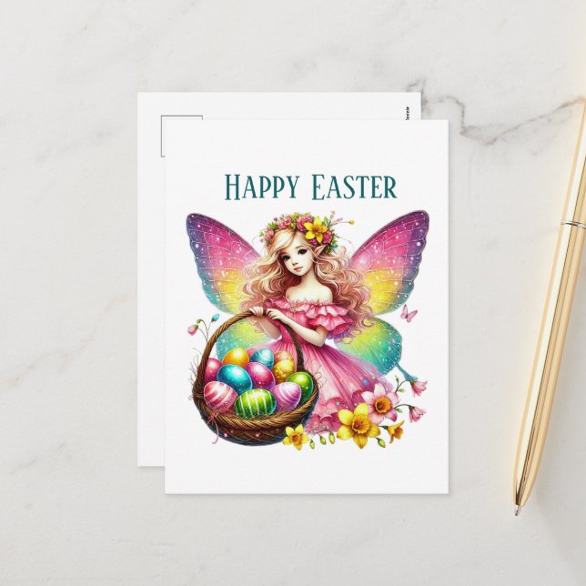 Cute Happy Easter Fairy add text  Holiday Postcard (Front/Back In Situ)