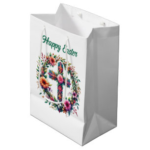 Cute Happy Easter floral Cross customizable  Medium Gift Bag