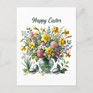Cute Happy Easter flowers Holiday Postcard 