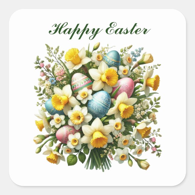 Cute Happy Easter flowers Square Sticker (Front)