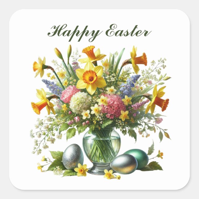 Cute Happy Easter flowers Square Sticker (Front)