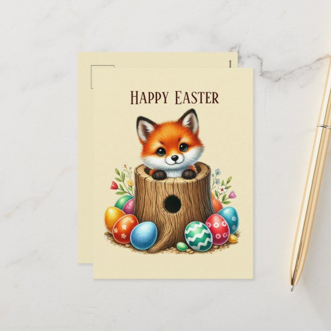 Cute Happy Easter fox add message Holiday Postcard (Front/Back In Situ)