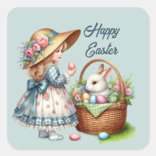 Cute happy Easter girl add text Square  Sticker