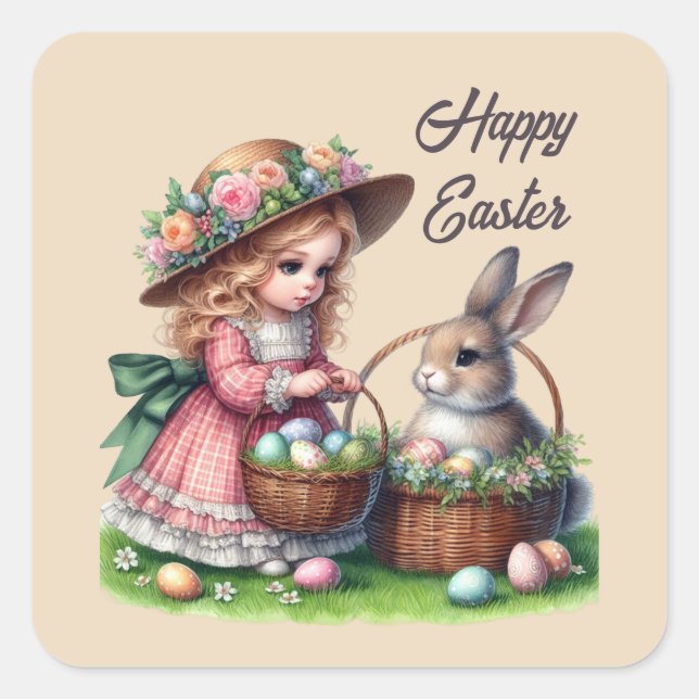 Cute happy Easter girl add text Square Sticker (Front)