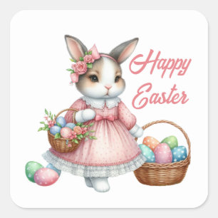 Cute happy Easter girl bunny add text  Square Sticker