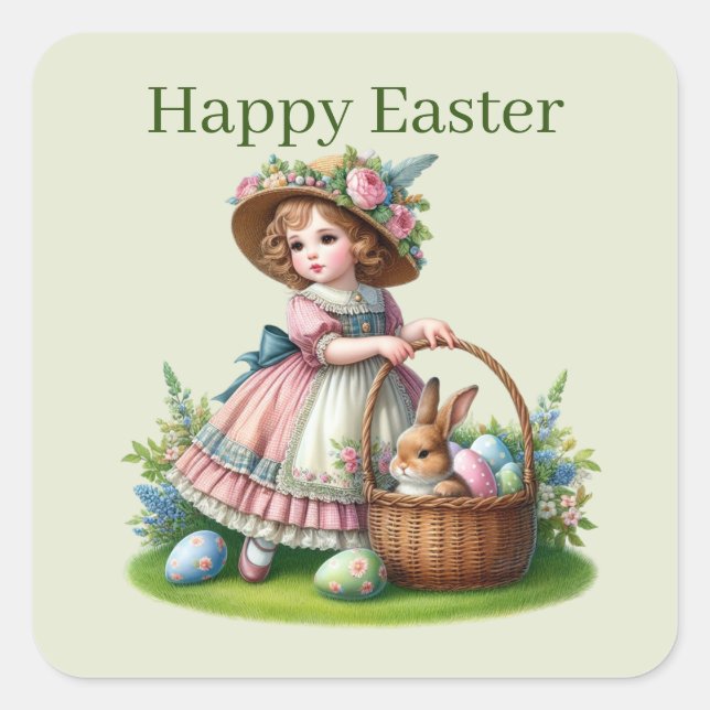 Cute Happy Easter girl Square Sticker (Front)