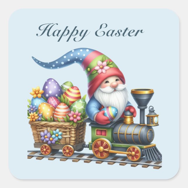 Cute Happy Easter gnome train add text Square Sticker (Front)