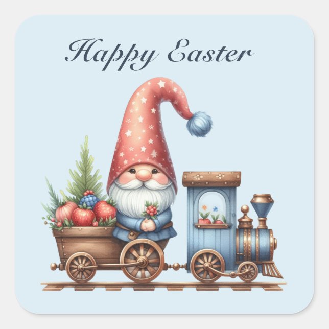 Cute Happy Easter gnome train add text  Square Sticker (Front)