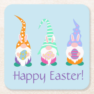 Cute Happy Easter Gnomes Bunny Ears Spring Colours Square Paper Coaster