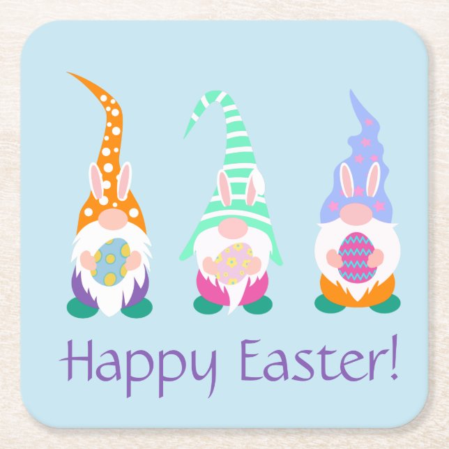 Cute Happy Easter Gnomes Bunny Ears Spring Colours Square Paper Coaster (Front)