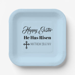 Cute Happy Easter He Has Risen Bible Verse Blue Paper Plate