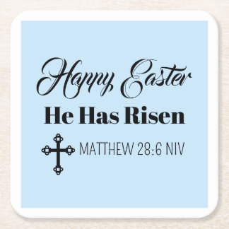 Cute Happy Easter He Has Risen Bible Verse Blue Square Paper Coaster