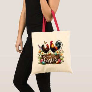 Cute Happy Easter Holiday roosters Tote Bag