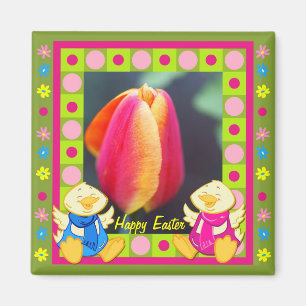 Cute Happy Easter magnet with chickens and tulip