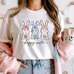 Cute Happy Easter, Pastel Bunnies & Floral T-Shirt