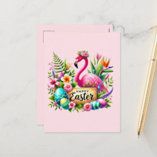 Cute Happy Easter pink flamingo add message Holiday Postcard