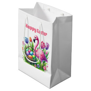 Cute Happy Easter pink flamingo Medium Gift Bag
