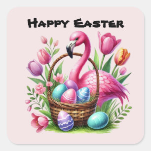 Cute Happy Easter Pink Flamingo Square Sticker