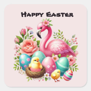 Cute Happy Easter Pink Flamingo  Square Sticker