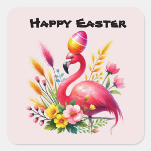 Cute Happy Easter Pink Flamingo Square Sticker