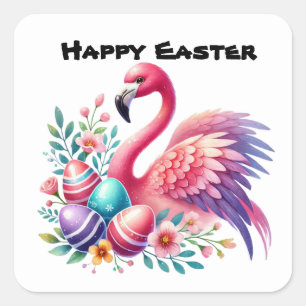Cute Happy Easter Pink Flamingo  Square Sticker