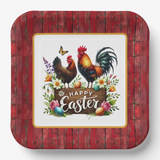 Cute Happy Easter rooster Paper Plate (Front)