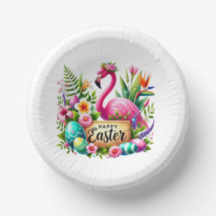 Cute Happy Easter rooster pink flamingo beach Paper Plate