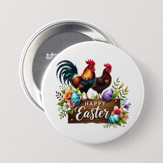 Cute Happy Easter roosters 7.5 Cm Round Badge (Front & Back)