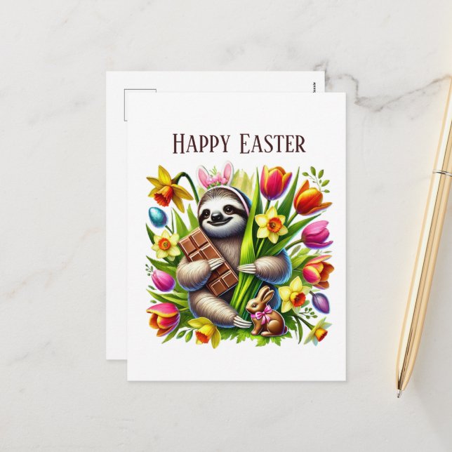 Cute Happy Easter sloth add message  Holiday Postcard (Front/Back In Situ)