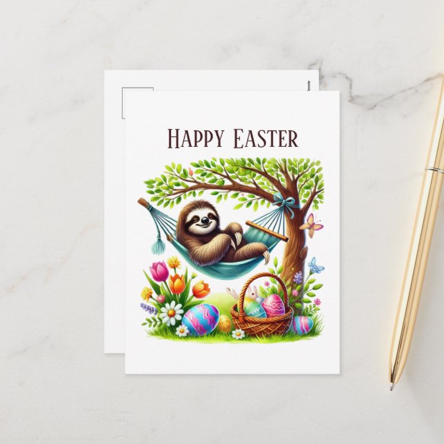 Cute Happy Easter sloth add message Holiday Postcard (Front/Back In Situ)