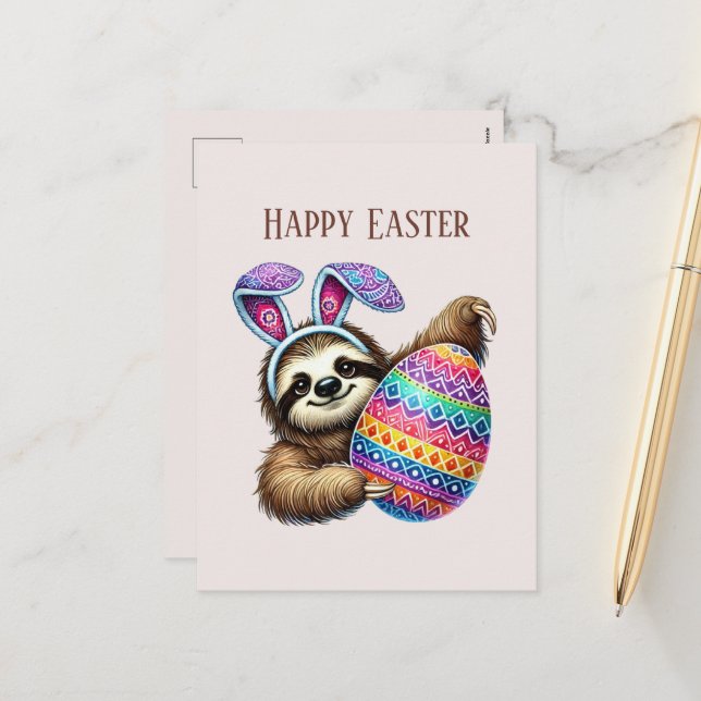 Cute Happy Easter sloth Holiday Postcard  (Front/Back In Situ)