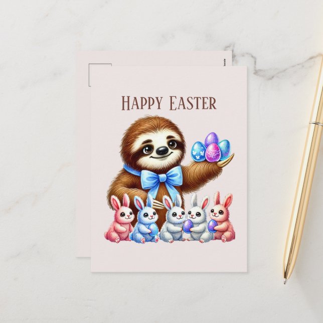 Cute Happy Easter sloth Holiday Postcard (Front/Back In Situ)