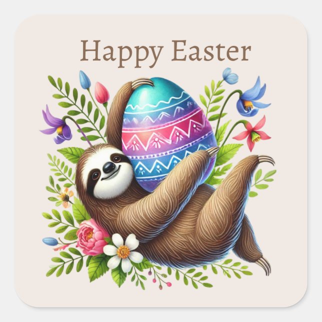 Cute Happy Easter sloth  Square Sticker (Front)
