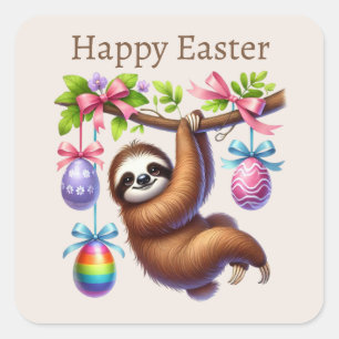 Cute Happy Easter sloth Square Sticker